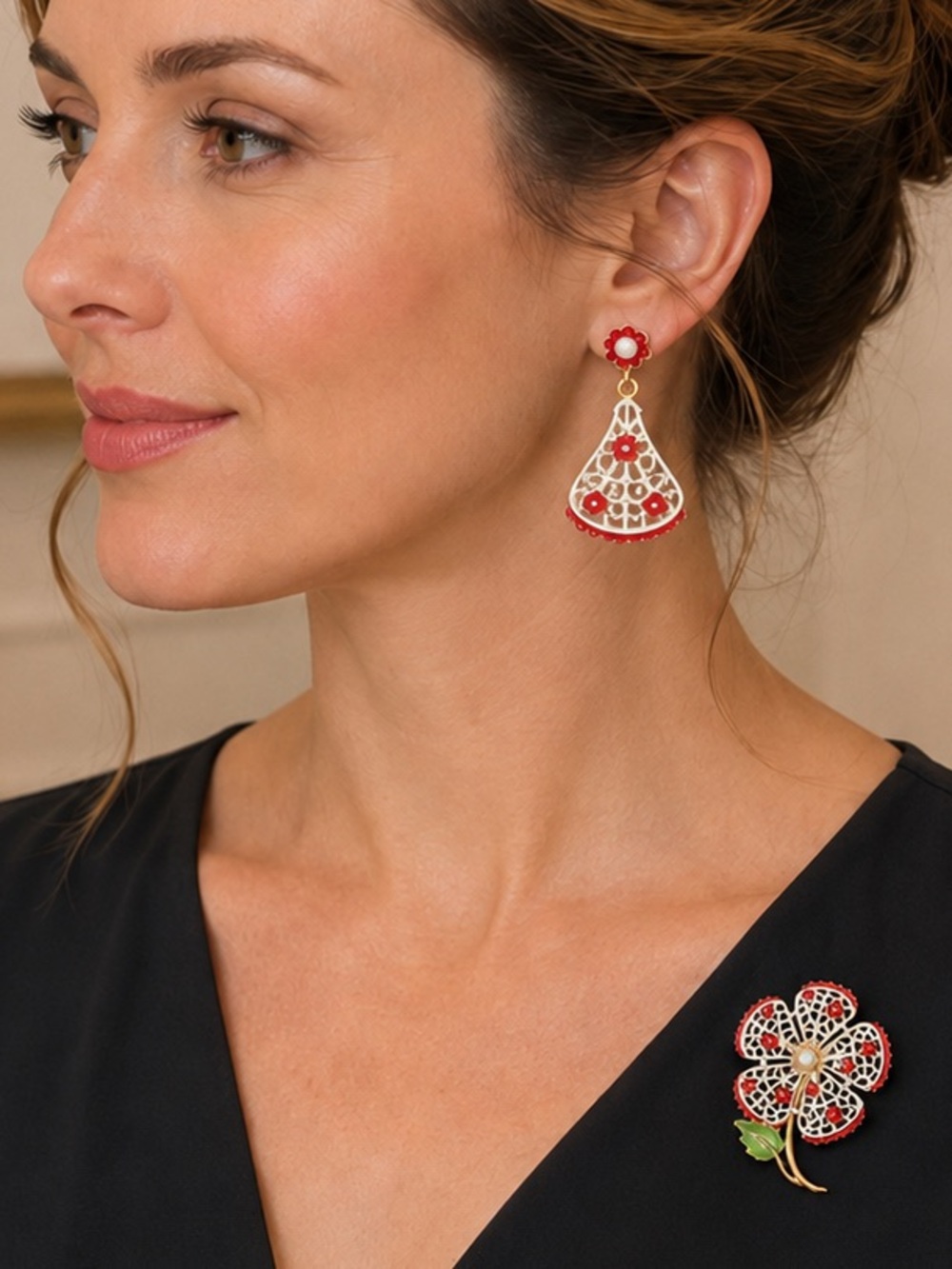 Vintage Floral Brooch & Clip-On Earrings Set Red White Gold Tone Faux Pearl